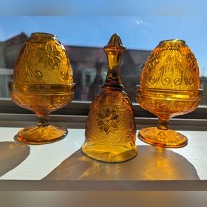 2 vintage amber fairy lamps and 1 dinner bell by Indiana Glass for Tiara